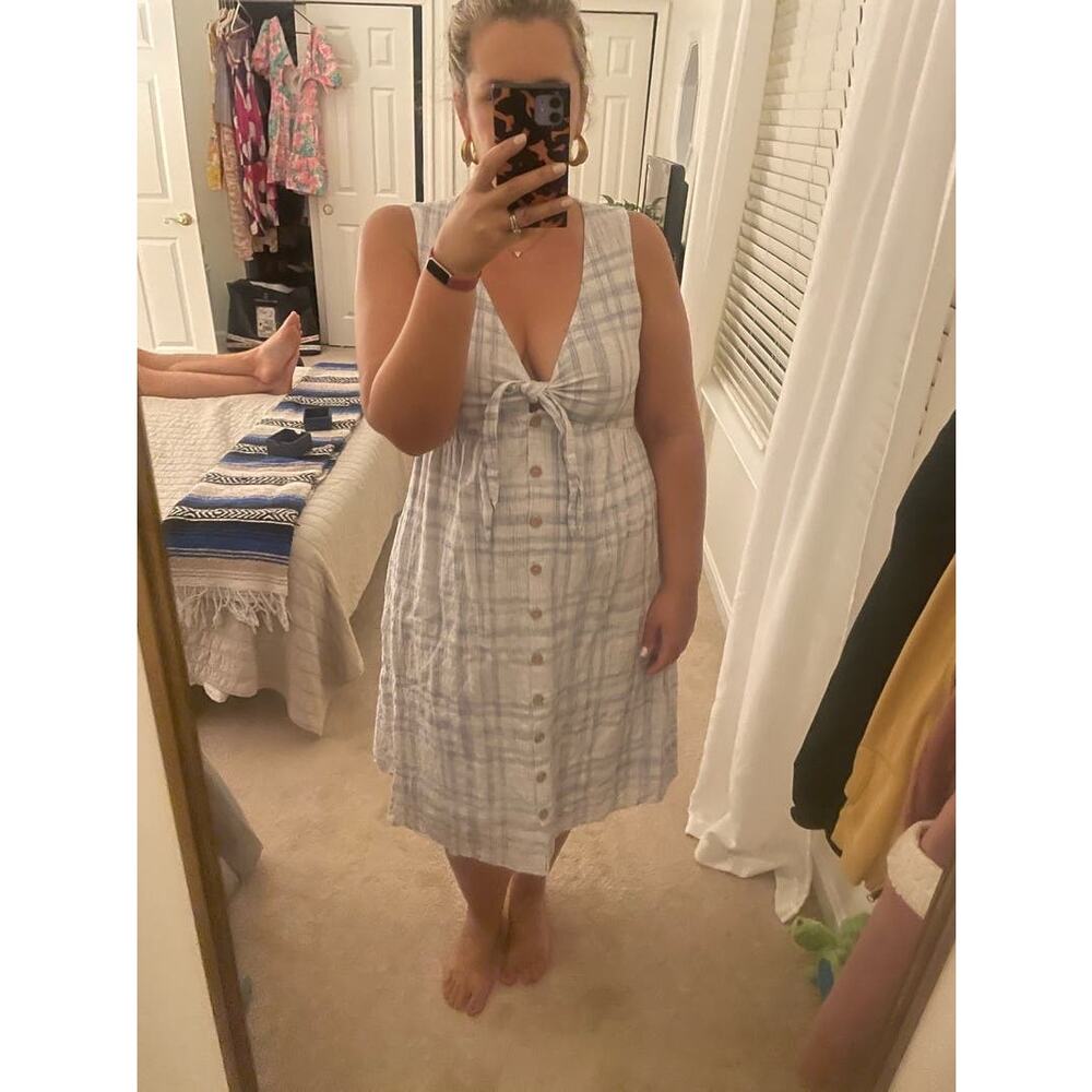 LOVE WHIT Blue Plaid Checkered Tie Front Cotton V-Neck Midi Dress Size Medium - Picture 12 of 14